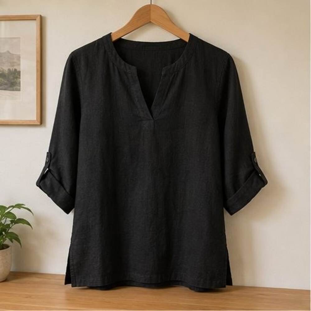 Black Linen Notch Neck Blouse